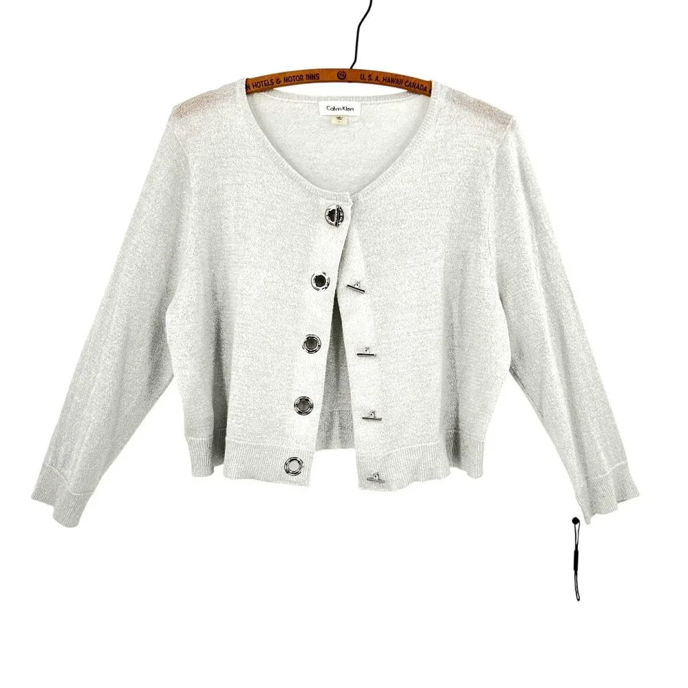 Metallic Cropped Sweater Large Calvin Klein Silver Knit Cardigan Toggle Buttons - Picture 4 of 7